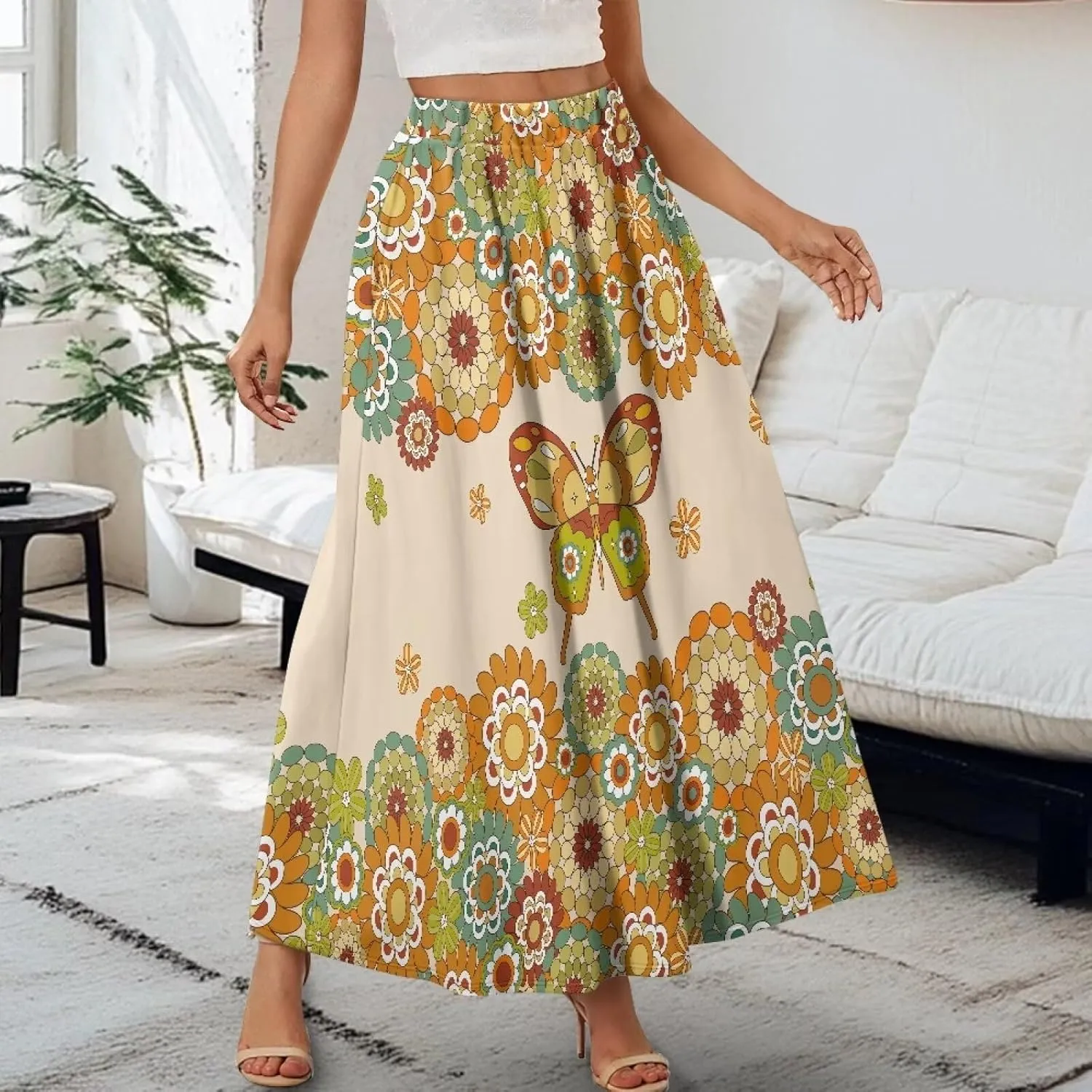 Women Elastic High Waist Skirts Flowy Skirts for Women with Pockets for Holidays Shopping Walking