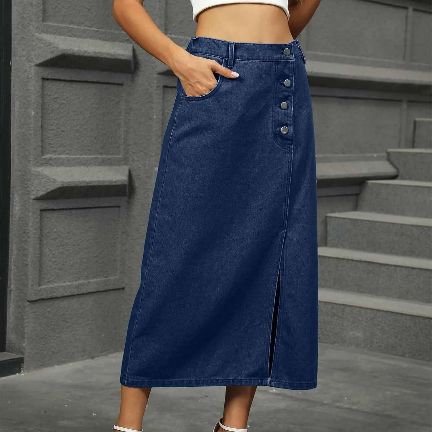 Women Fashion Button Denim Skirt, High Waisted Split Hem Casual Long Skirts Going Out Trendy Clothes with Pockets