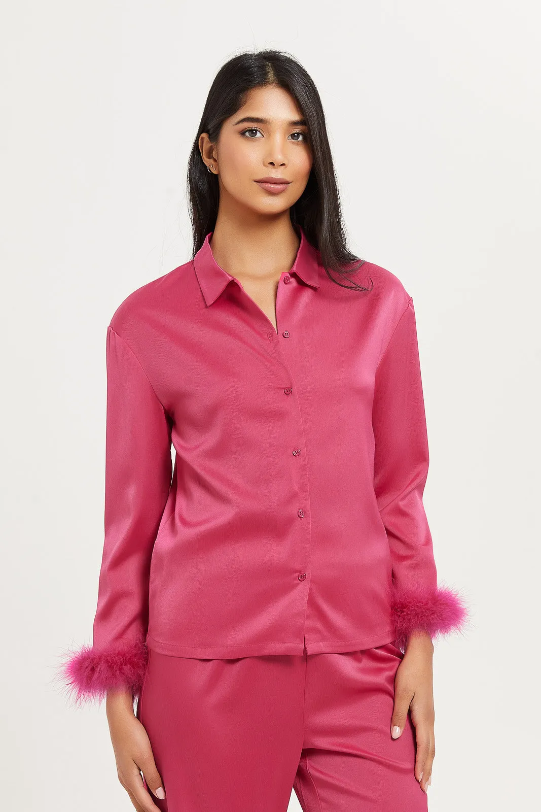 Women Fuchsia Satin Feather Crop Shirt