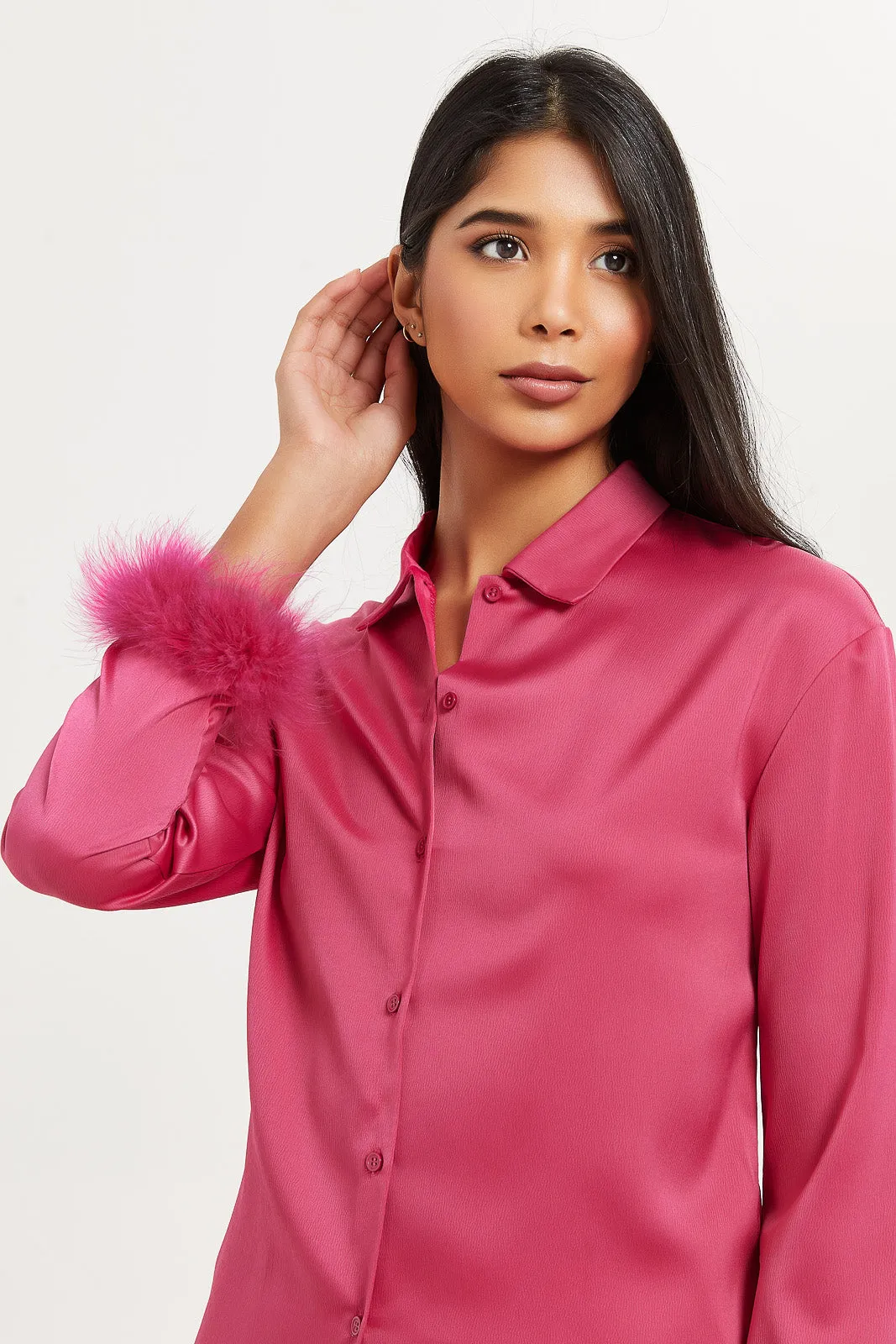 Women Fuchsia Satin Feather Crop Shirt