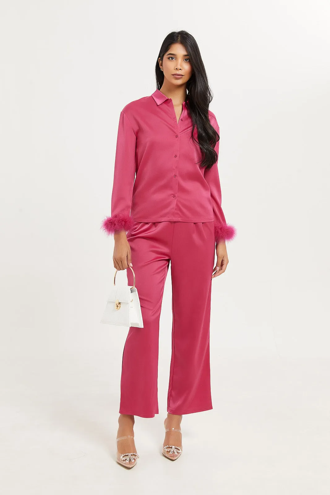 Women Fuchsia Satin Feather Crop Shirt