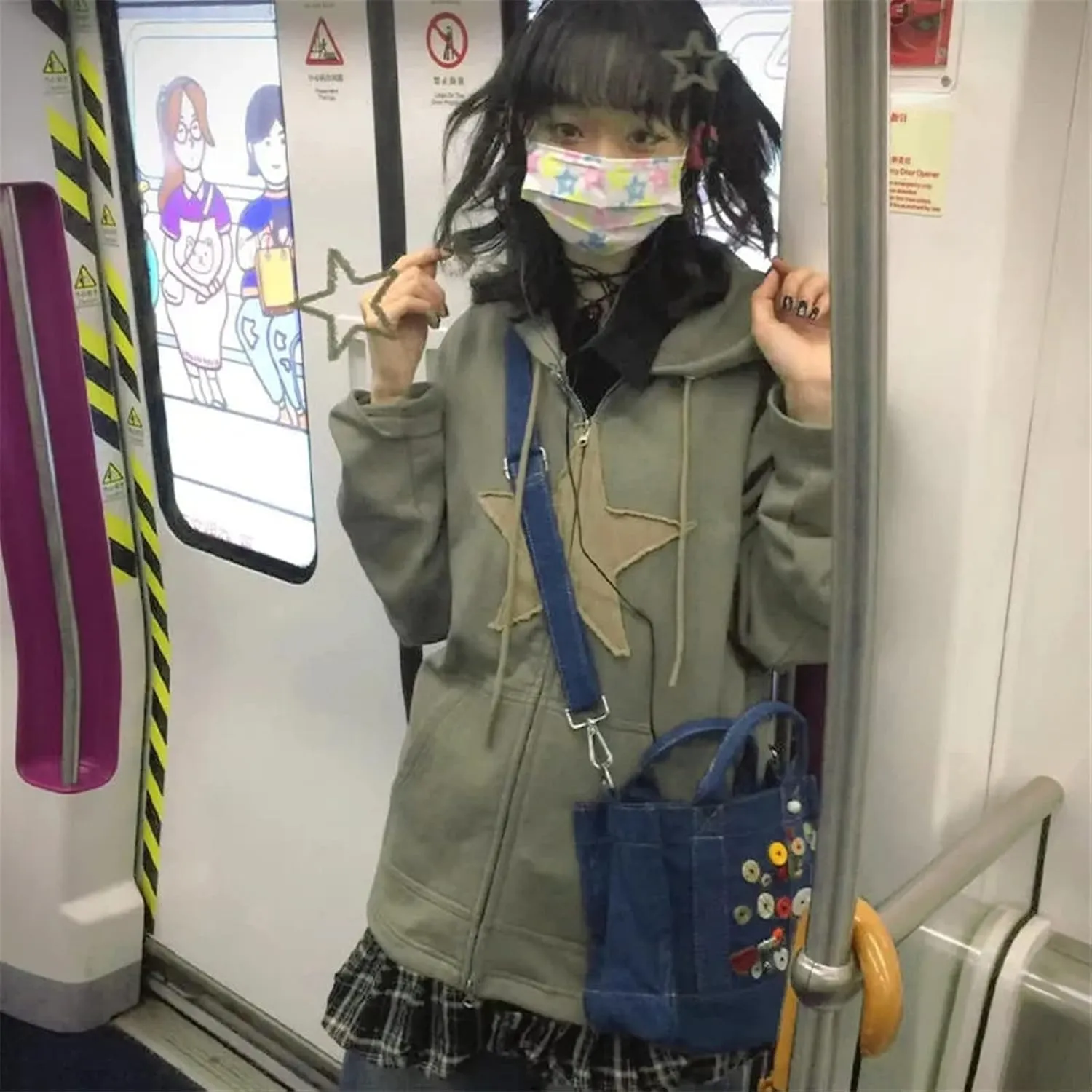 Women Grunge Zip Up Hoodies Gothic Punk Long Sleeve Printed Hooded Jackets Y2k 90s Streetwear Oversized Sweatshirts