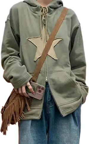 Women Grunge Zip Up Hoodies Gothic Punk Long Sleeve Printed Hooded Jackets Y2k 90s Streetwear Oversized Sweatshirts