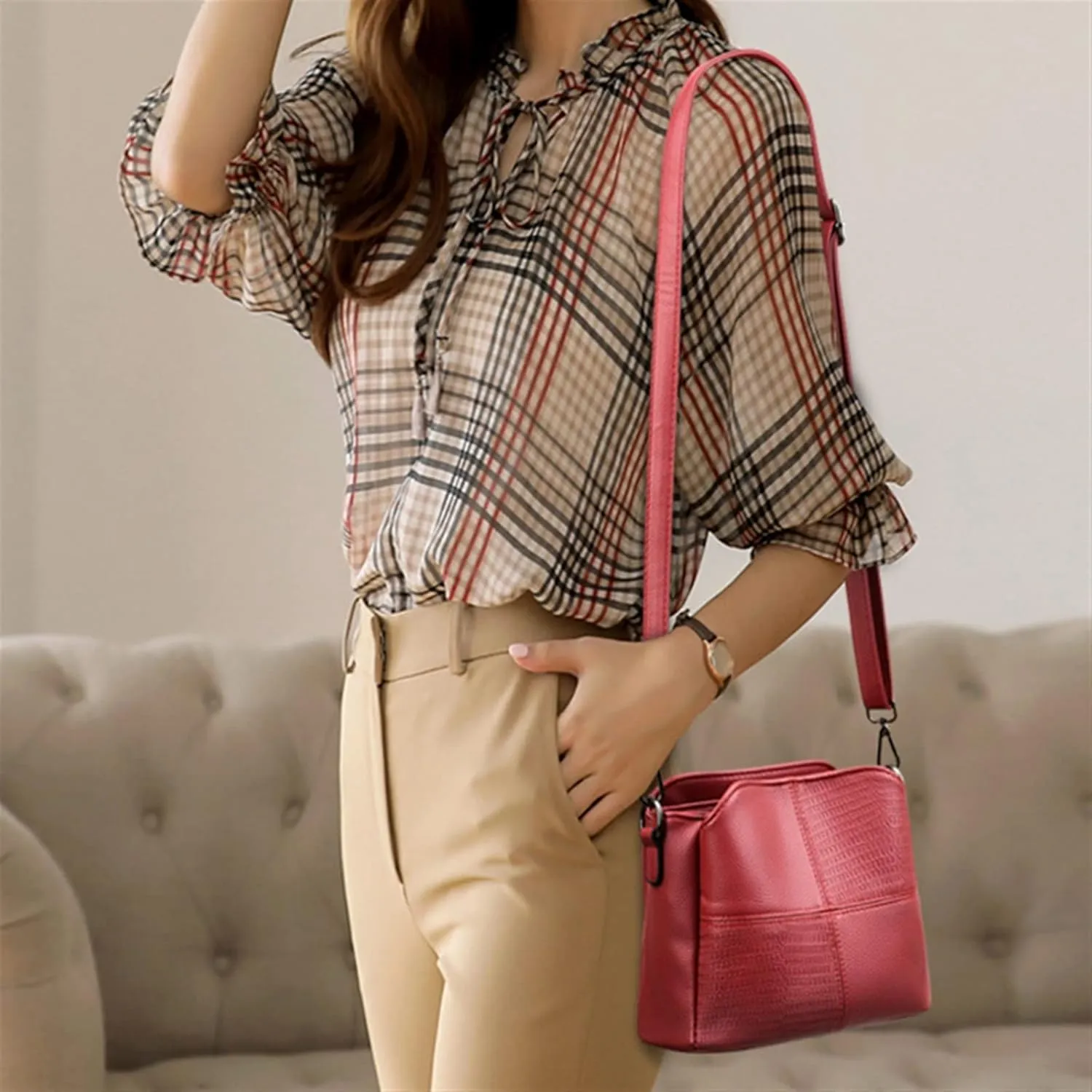 Women Handbags Shoulder Bags, Satchel Tote Bag, Simple Stitching Shoulder Bags For Women Soft Leather Crossbody Messenger Bag Phone Purse Lady Handbag Clutch ( Color : Red , Size : 25x 13x19cm )
