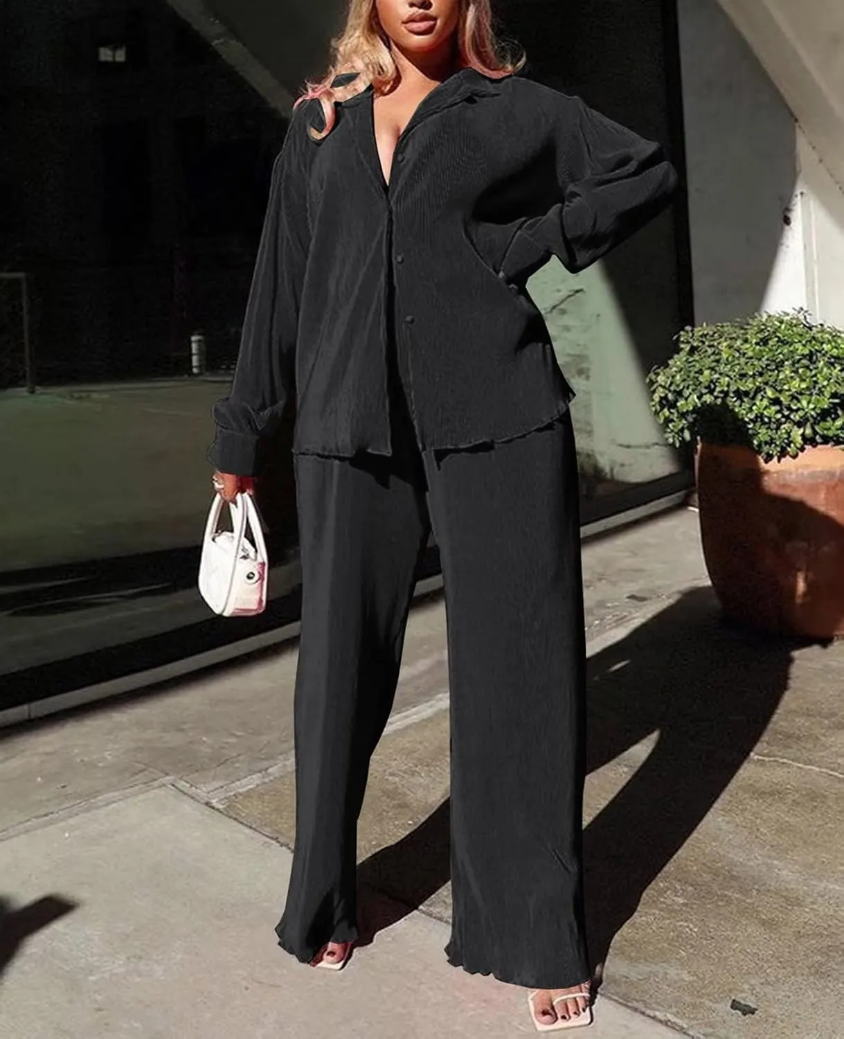 Women Pleated 2 Piece Pants Outfits Casual Loose Button Shirt Blouse Top Long Wide Leg Palazzo Pants Set Jumpsuit