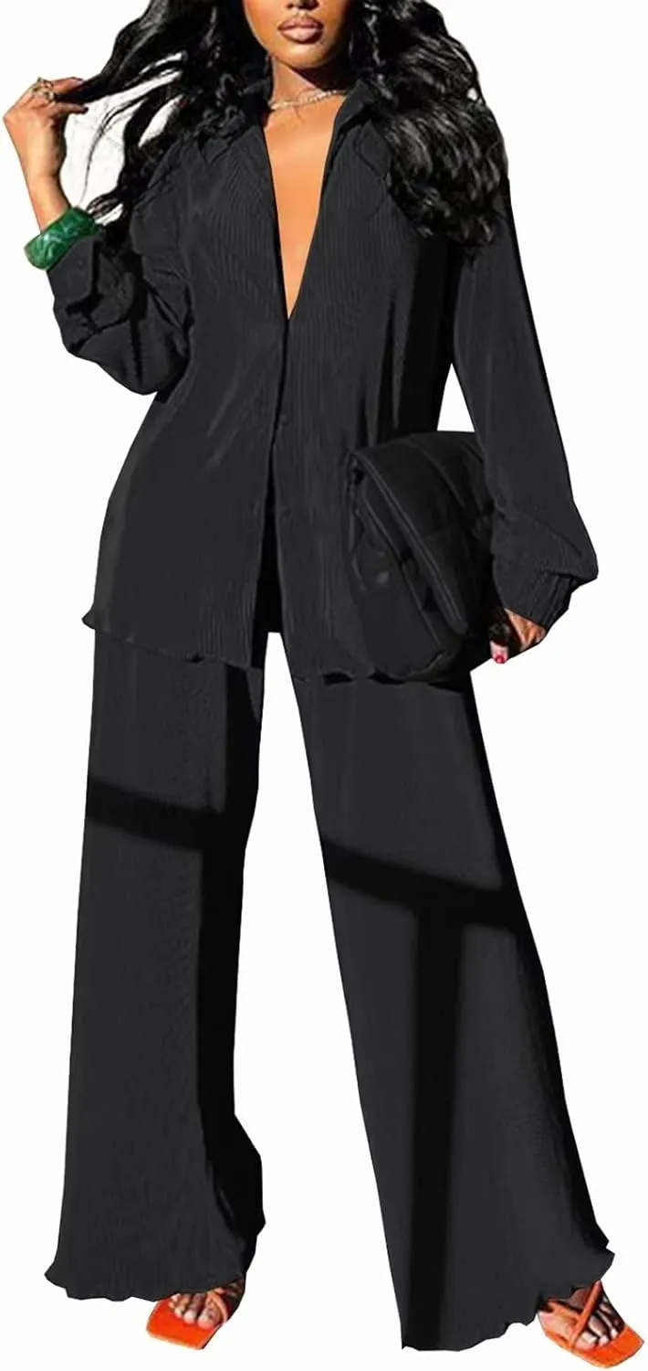 Women Pleated 2 Piece Pants Outfits Casual Loose Button Shirt Blouse Top Long Wide Leg Palazzo Pants Set Jumpsuit
