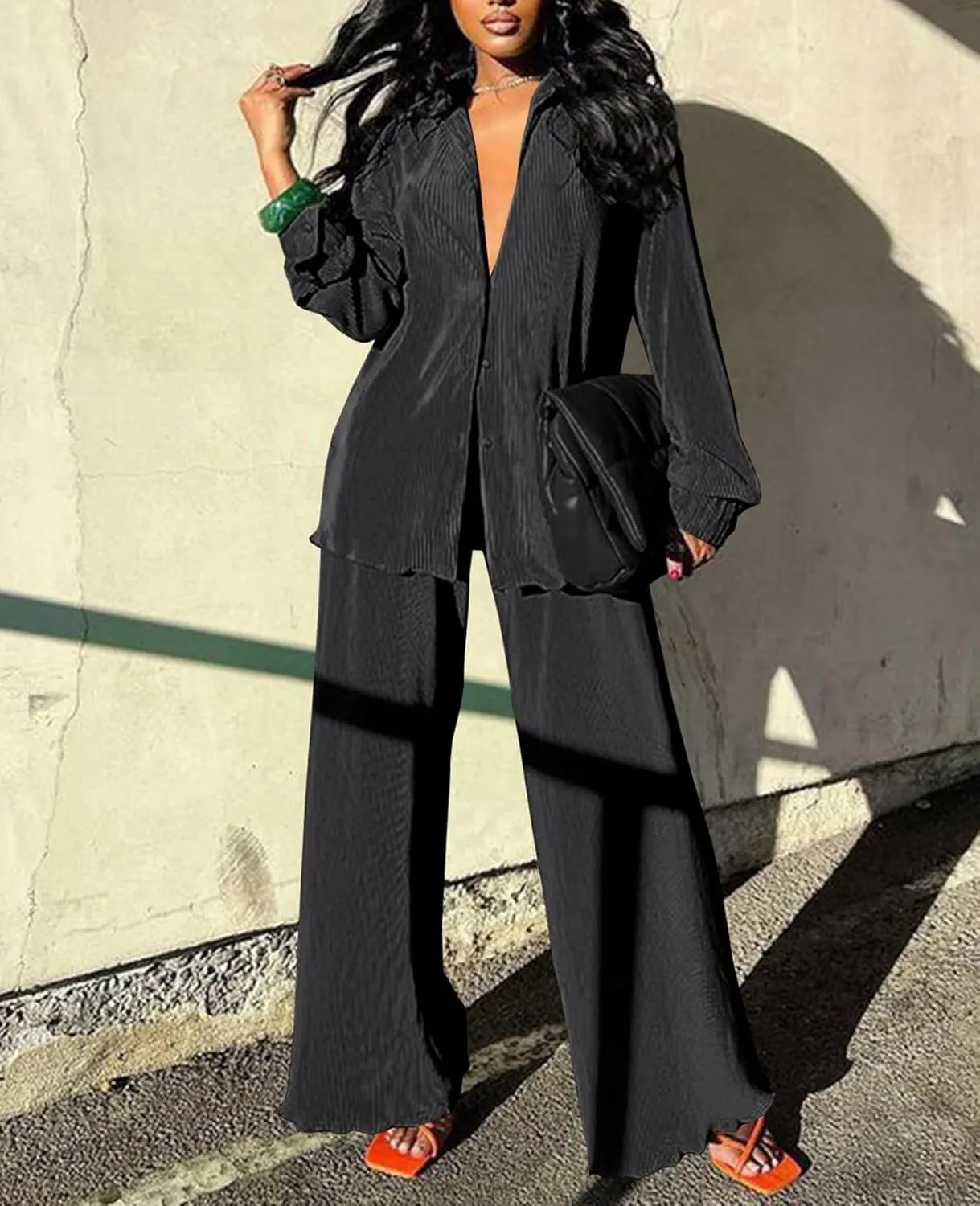 Women Pleated 2 Piece Pants Outfits Casual Loose Button Shirt Blouse Top Long Wide Leg Palazzo Pants Set Jumpsuit