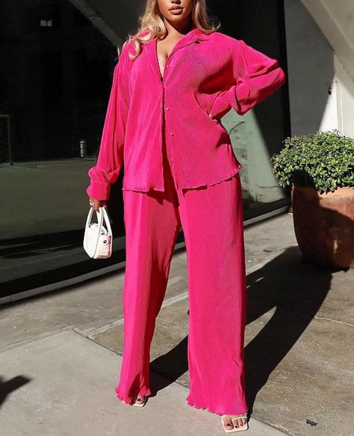 Women Pleated 2 Piece Pants Outfits Casual Loose Button Shirt Blouse Top Long Wide Leg Palazzo Pants Set Jumpsuit
