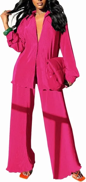 Women Pleated 2 Piece Pants Outfits Casual Loose Button Shirt Blouse Top Long Wide Leg Palazzo Pants Set Jumpsuit