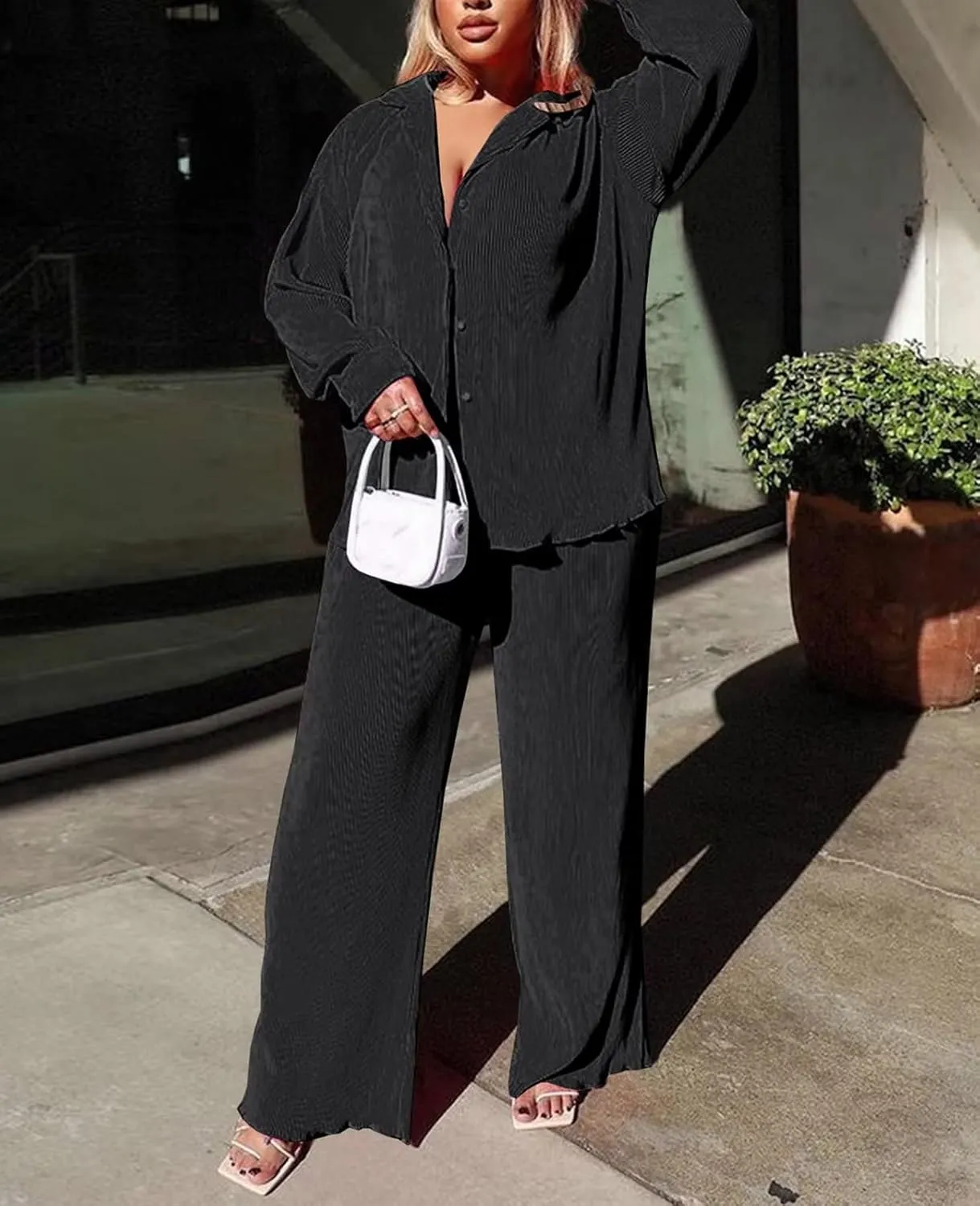 Women Pleated 2 Piece Pants Outfits Casual Loose Button Shirt Blouse Top Long Wide Leg Palazzo Pants Set Jumpsuit