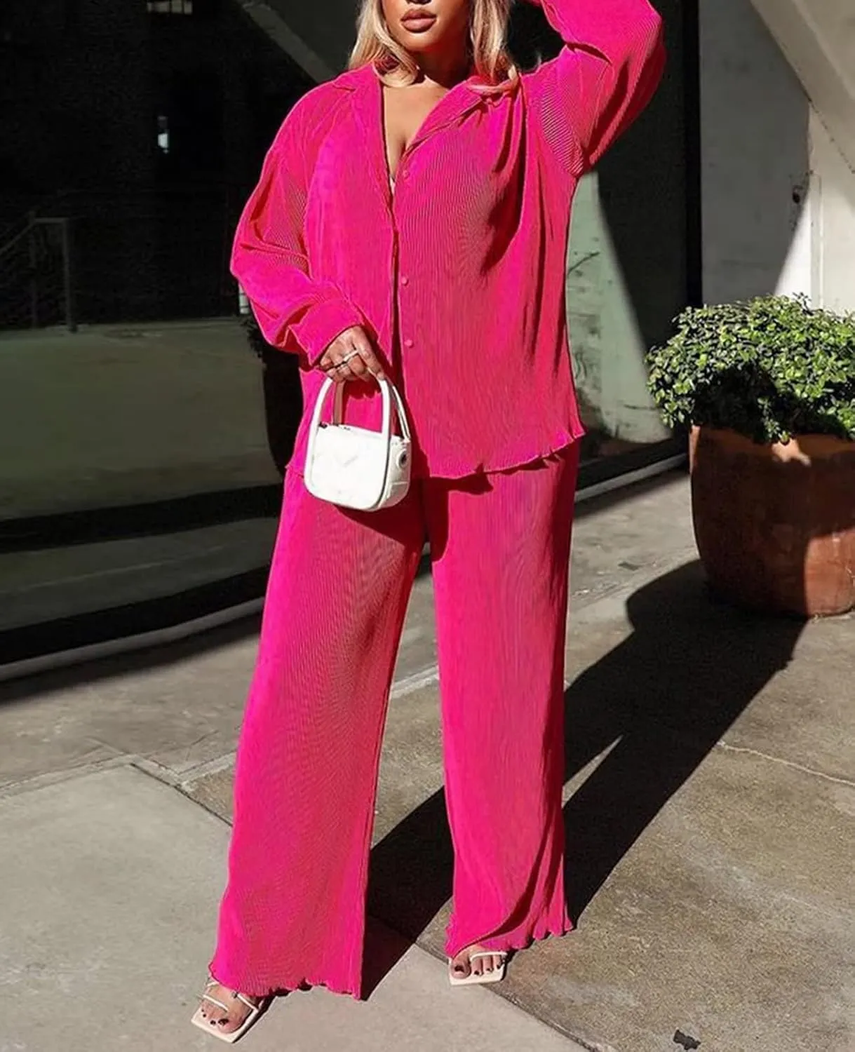 Women Pleated 2 Piece Pants Outfits Casual Loose Button Shirt Blouse Top Long Wide Leg Palazzo Pants Set Jumpsuit