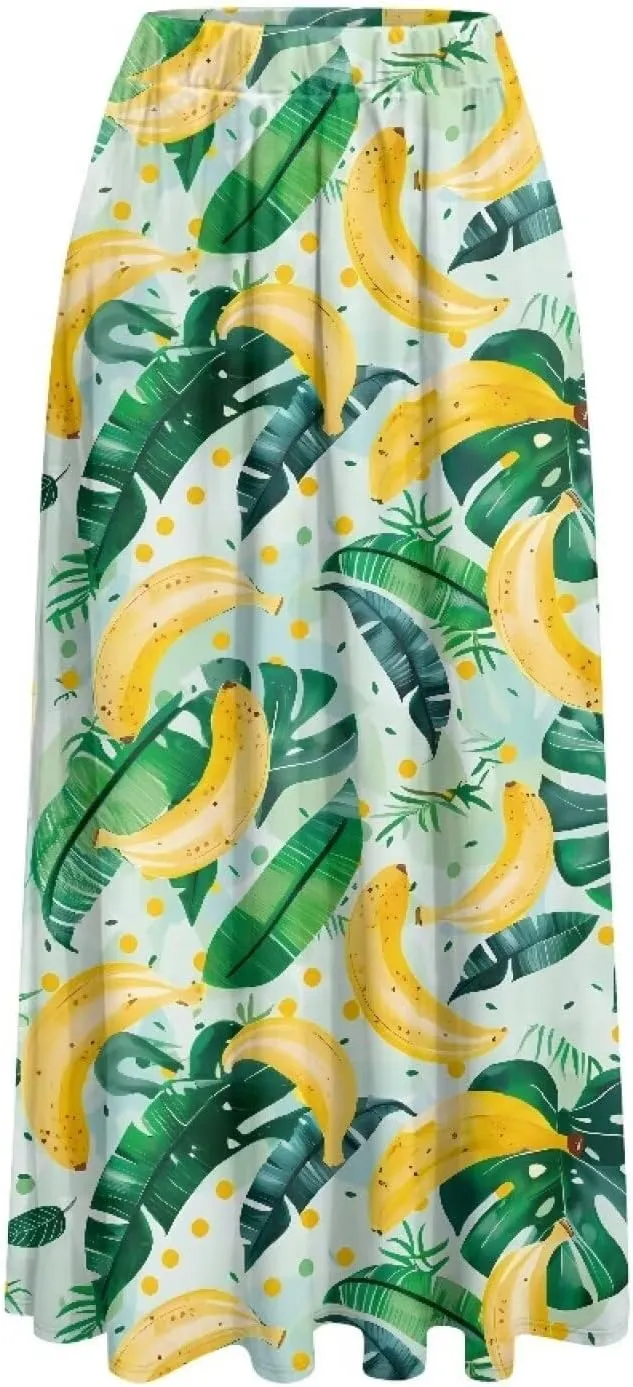 Women Pleated Skirt Polyester A-Line Printed Maxi Skirts with Pockets for Vacation Travel Parties