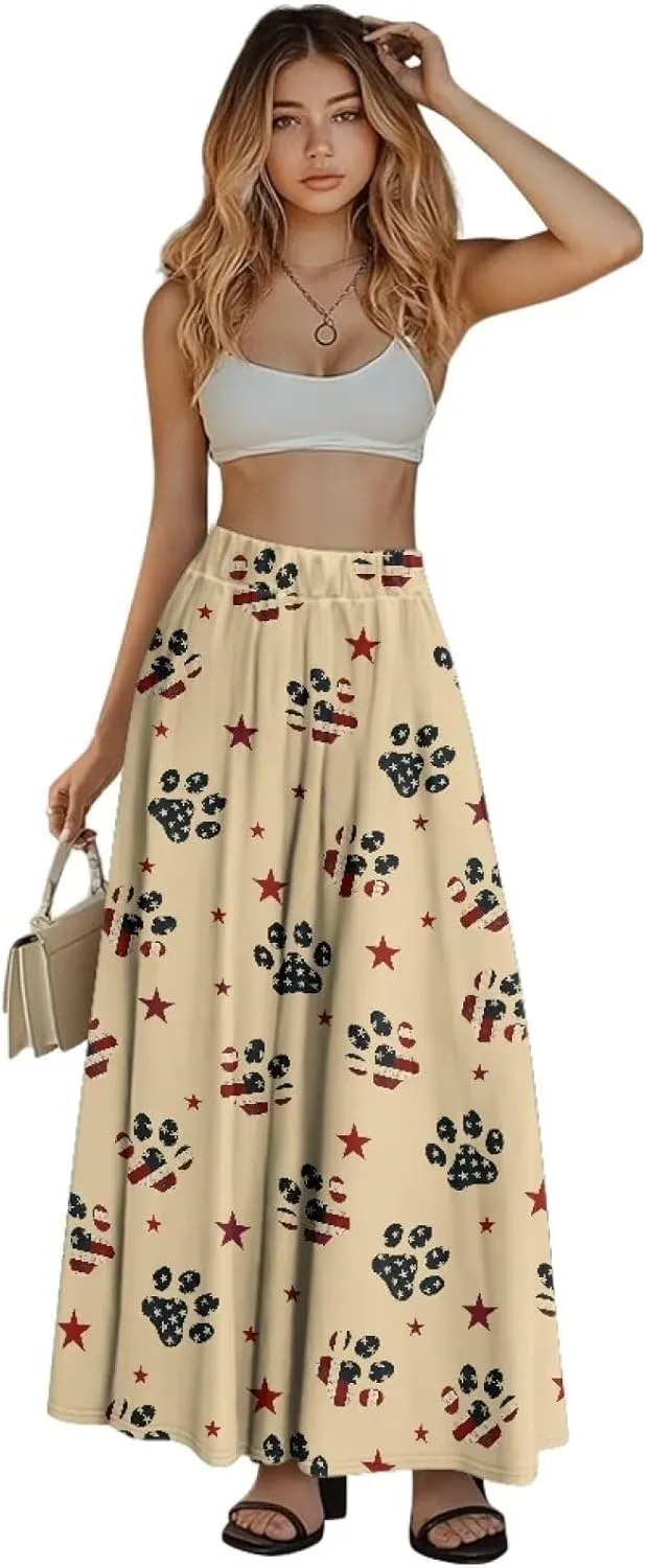 Women Pleated Skirt Polyester A-Line Printed Maxi Skirts with Pockets for Vacation Travel Parties