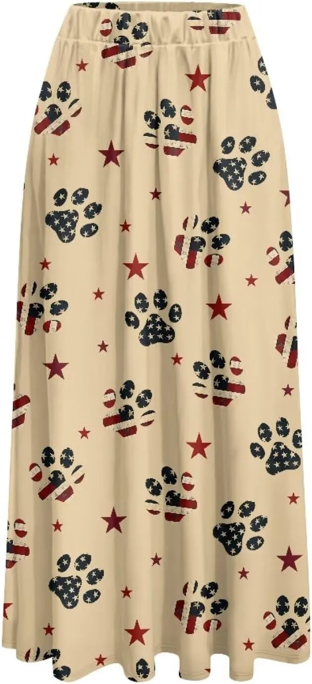 Women Pleated Skirt Polyester A-Line Printed Maxi Skirts with Pockets for Vacation Travel Parties