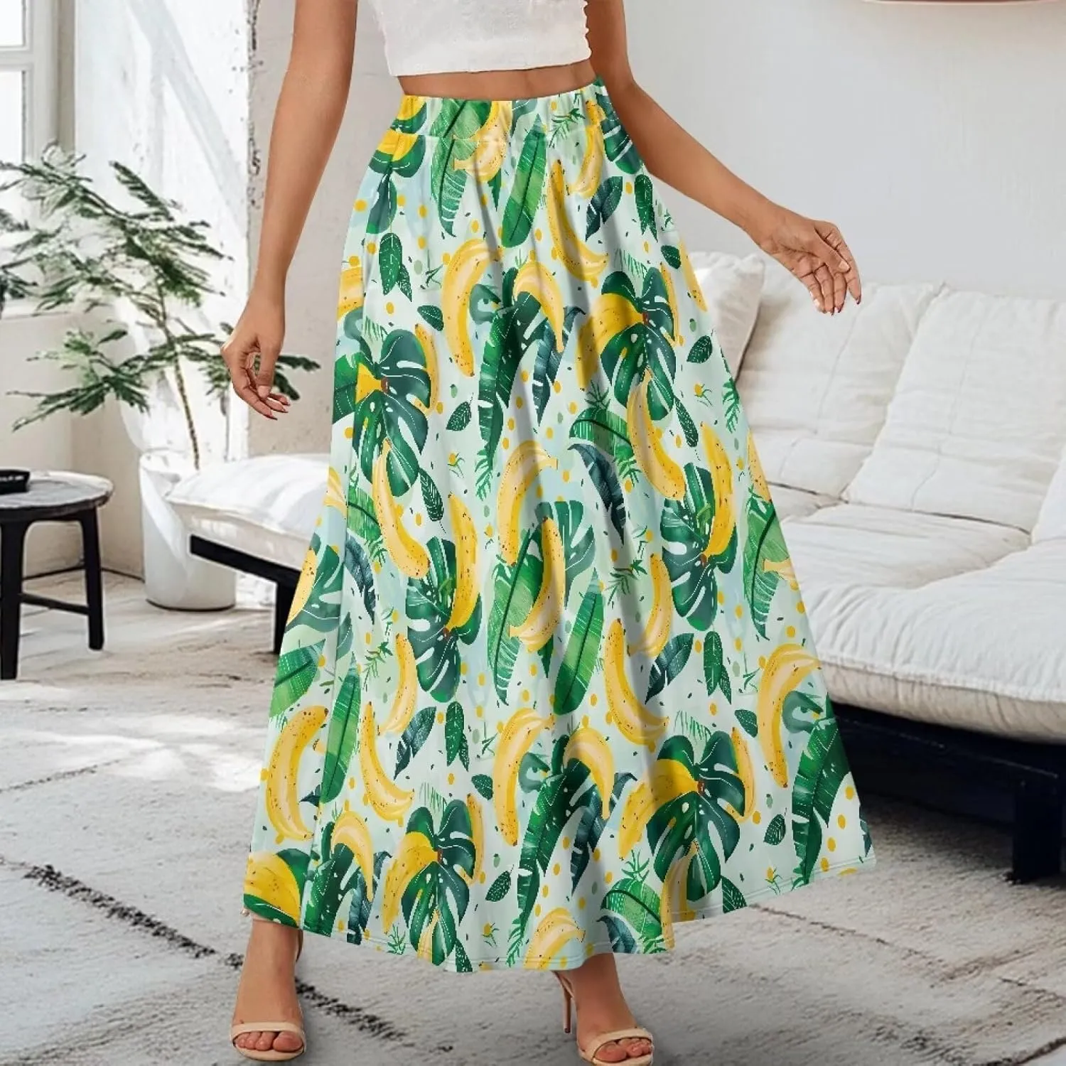 Women Pleated Skirt Polyester A-Line Printed Maxi Skirts with Pockets for Vacation Travel Parties