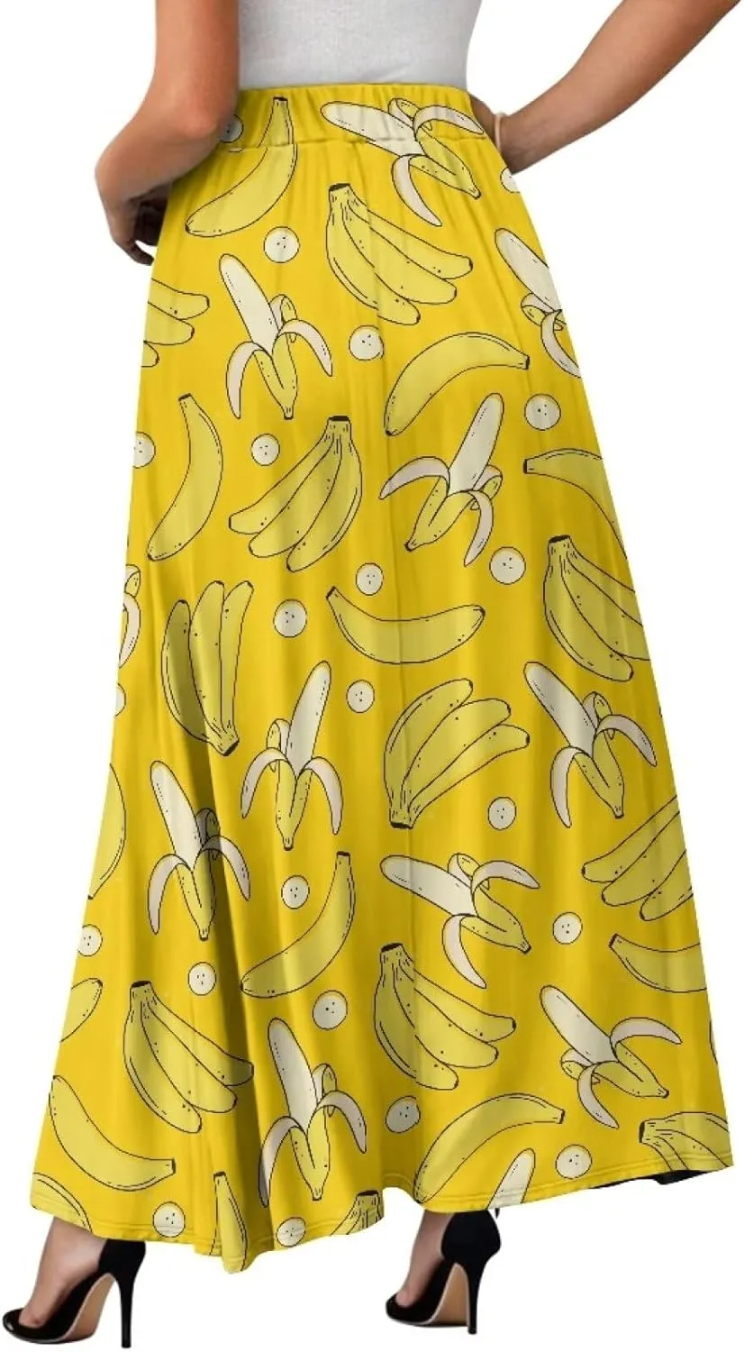 Women Pleated Skirt Polyester A-Line Printed Maxi Skirts with Pockets for Vacation Travel Parties