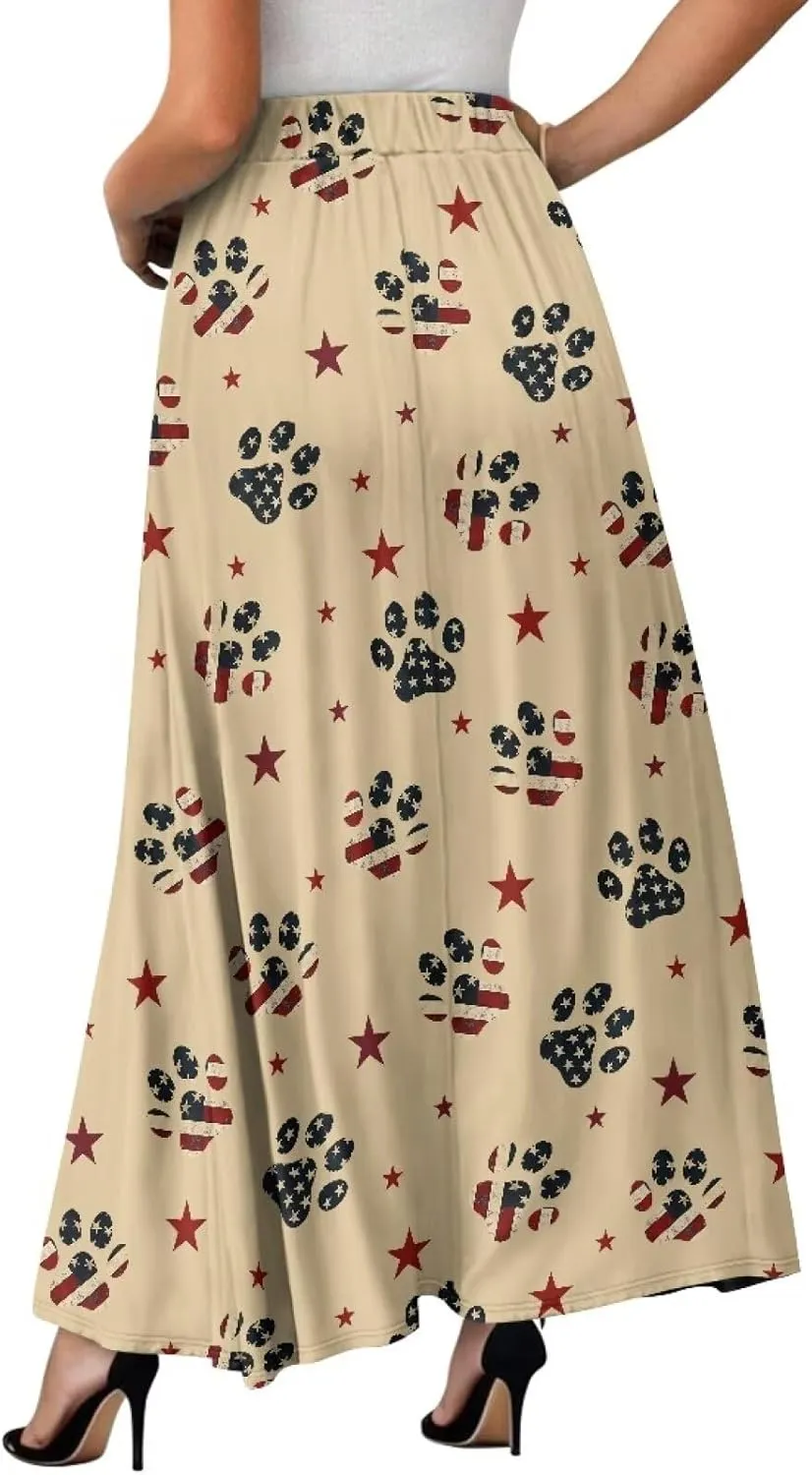 Women Pleated Skirt Polyester A-Line Printed Maxi Skirts with Pockets for Vacation Travel Parties