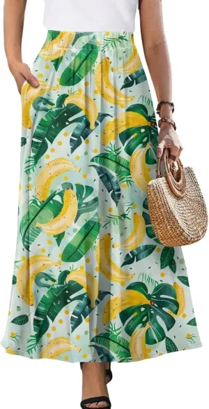 Women Pleated Skirt Polyester A-Line Printed Maxi Skirts with Pockets for Vacation Travel Parties