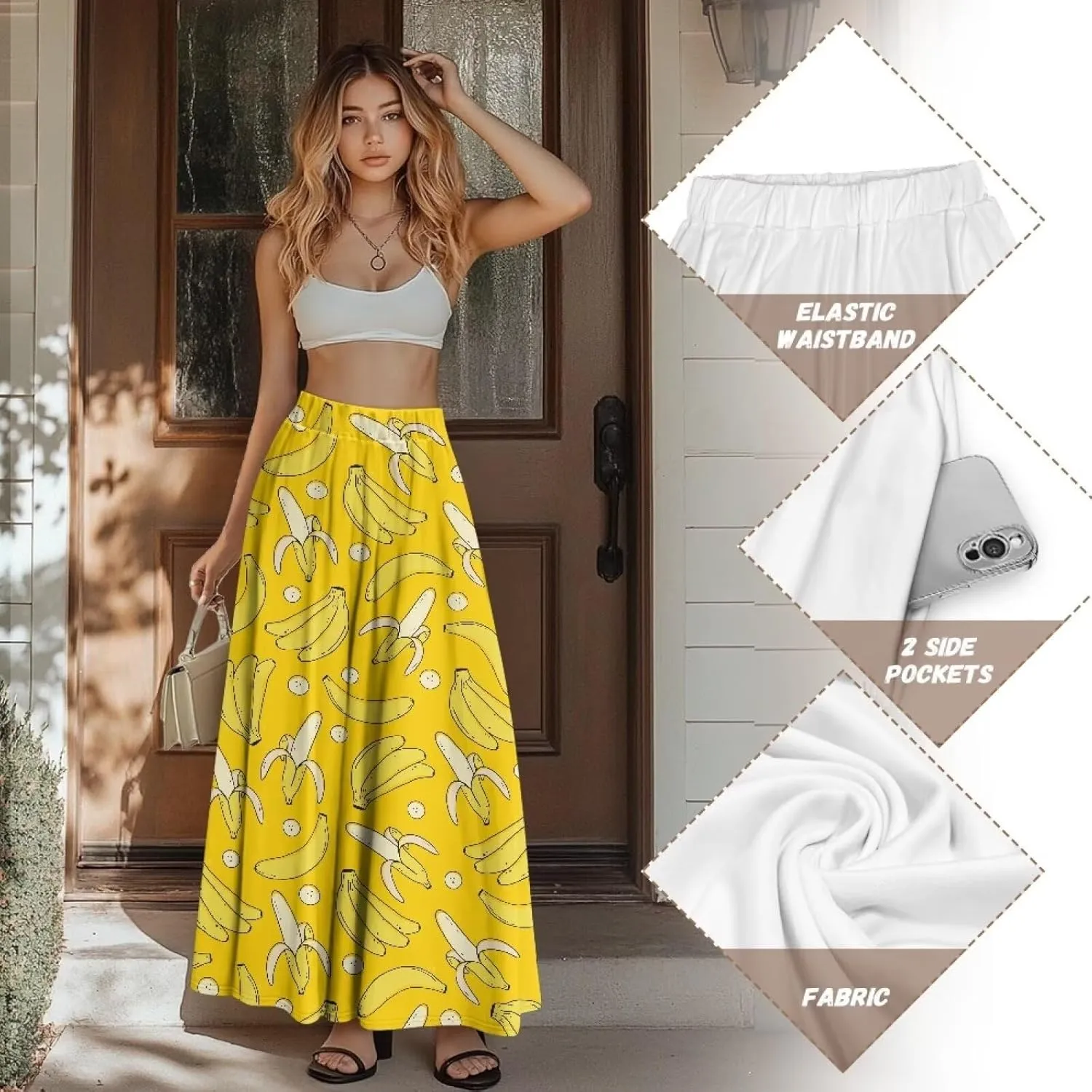 Women Pleated Skirt Polyester A-Line Printed Maxi Skirts with Pockets for Vacation Travel Parties