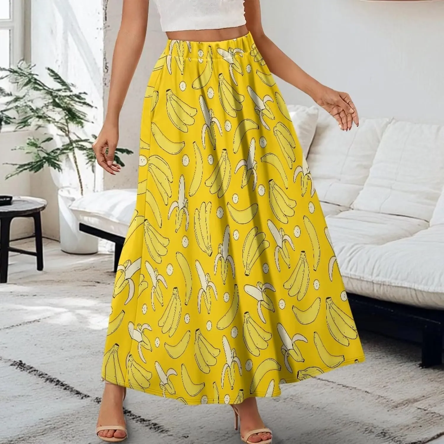 Women Pleated Skirt Polyester A-Line Printed Maxi Skirts with Pockets for Vacation Travel Parties