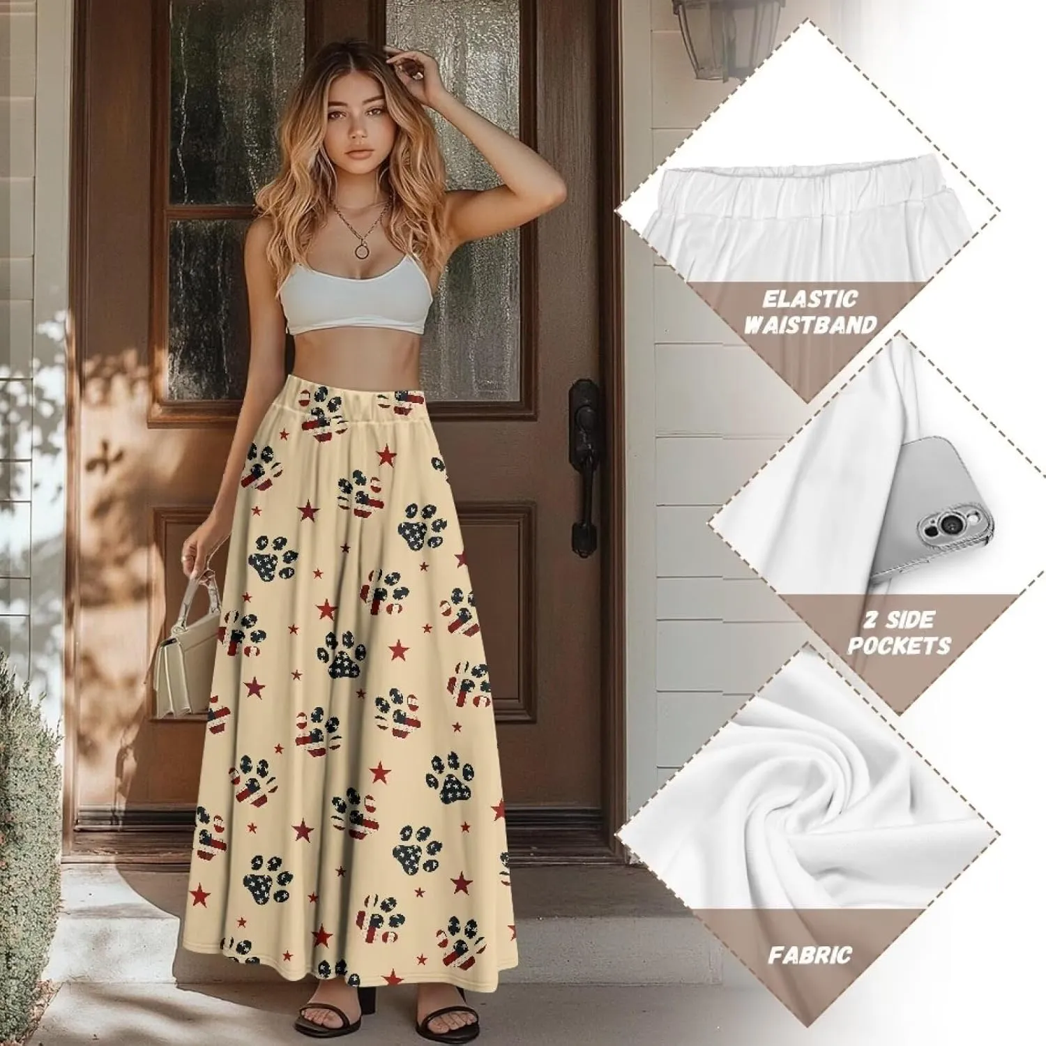 Women Pleated Skirt Polyester A-Line Printed Maxi Skirts with Pockets for Vacation Travel Parties