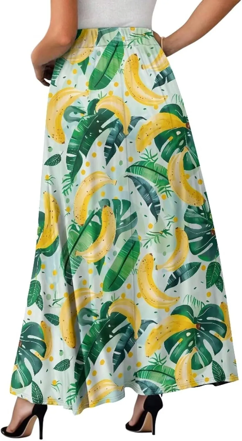 Women Pleated Skirt Polyester A-Line Printed Maxi Skirts with Pockets for Vacation Travel Parties