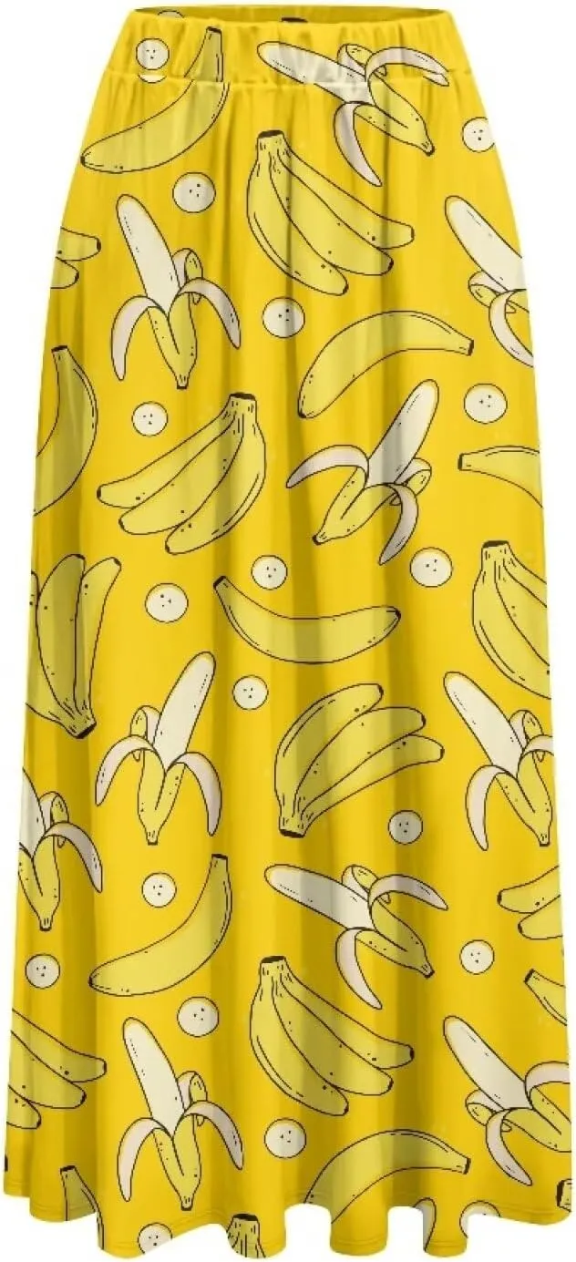 Women Pleated Skirt Polyester A-Line Printed Maxi Skirts with Pockets for Vacation Travel Parties