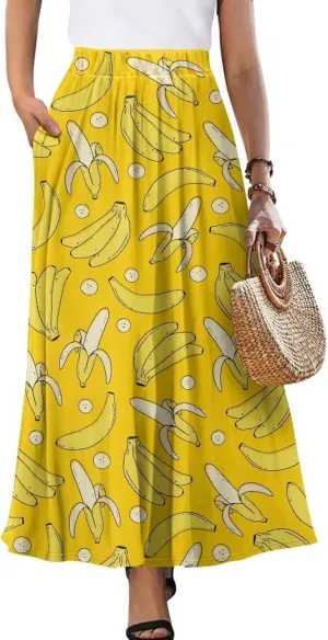 Women Pleated Skirt Polyester A-Line Printed Maxi Skirts with Pockets for Vacation Travel Parties