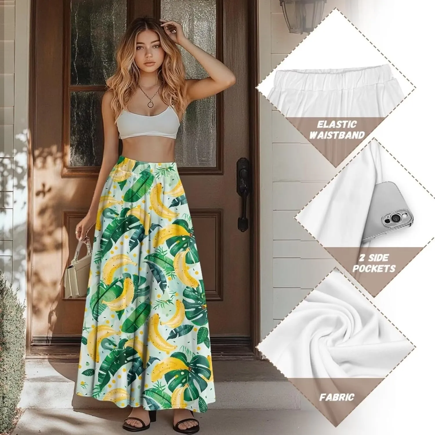 Women Pleated Skirt Polyester A-Line Printed Maxi Skirts with Pockets for Vacation Travel Parties
