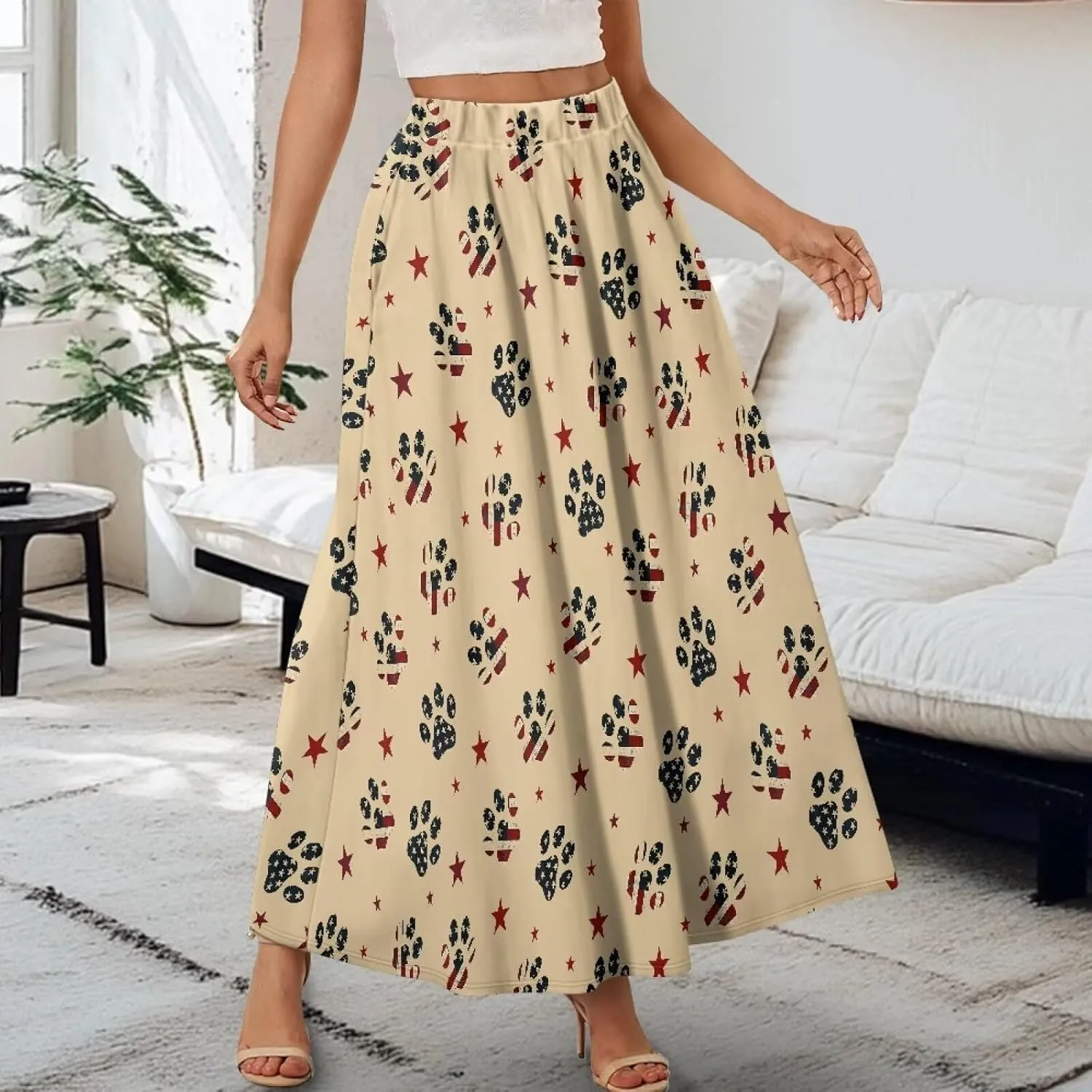 Women Pleated Skirt Polyester A-Line Printed Maxi Skirts with Pockets for Vacation Travel Parties