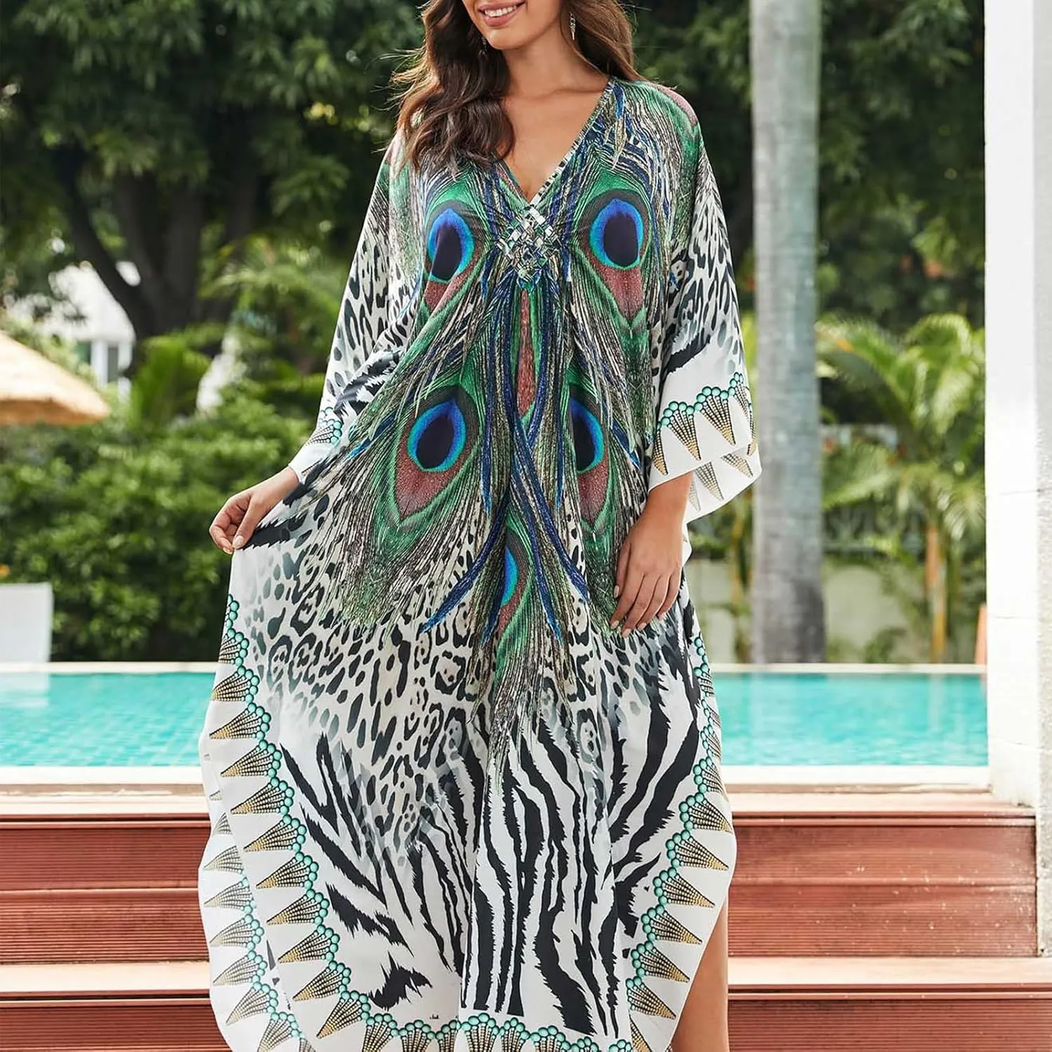 Women Print Plus Size Beach Cover Up, Loose V Neck Long Maxi Kaftan Dress Loungewear