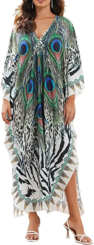 Women Print Plus Size Beach Cover Up, Loose V Neck Long Maxi Kaftan Dress Loungewear