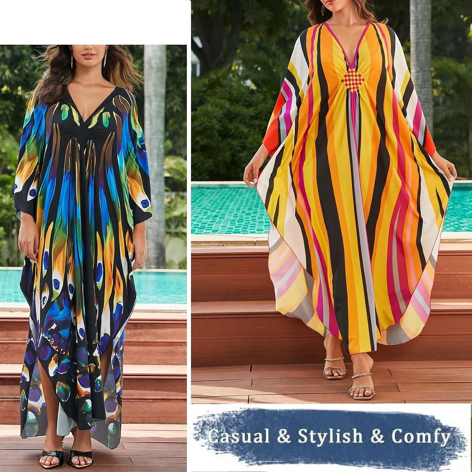 Women Print Plus Size Beach Cover Up, Loose V Neck Long Maxi Kaftan Dress Loungewear