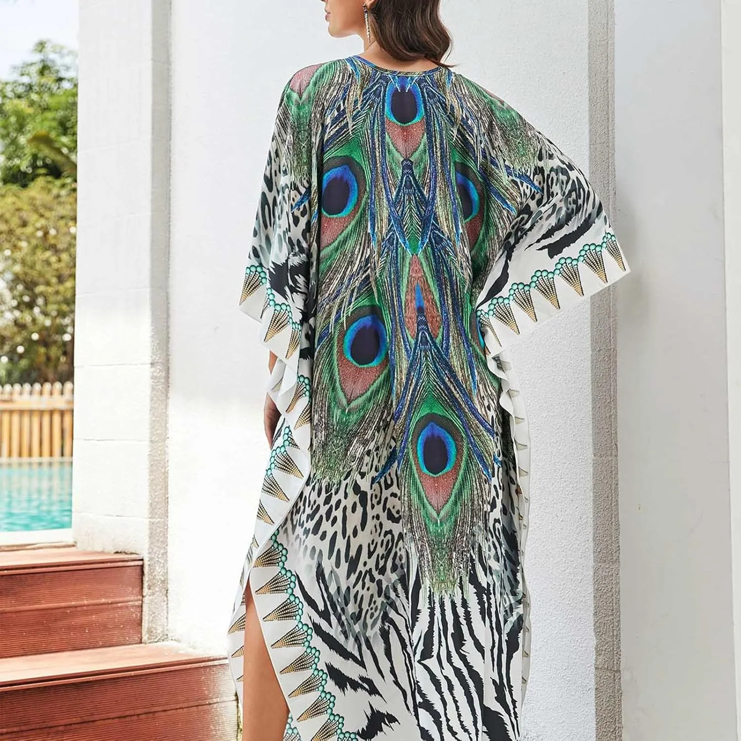Women Print Plus Size Beach Cover Up, Loose V Neck Long Maxi Kaftan Dress Loungewear