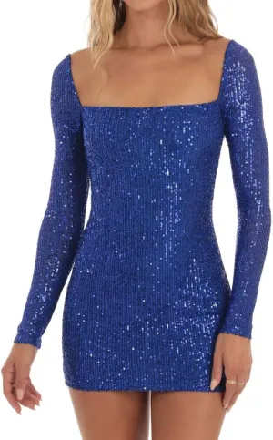 Women Sexy Long Sleeve Sparkly Sequin Bodycon Mini Dress Square Neck See Through Backless Self Tie Up Short Dress