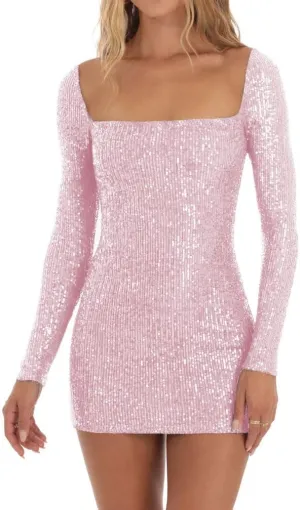 Women Sexy Long Sleeve Sparkly Sequin Bodycon Mini Dress Square Neck See Through Backless Self Tie Up Short Dress