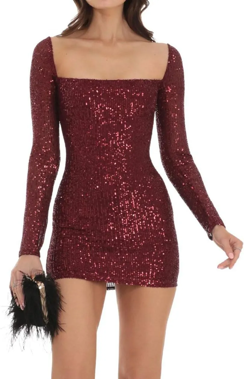 Women Sexy Long Sleeve Sparkly Sequin Bodycon Mini Dress Square Neck See Through Backless Self Tie Up Short Dress