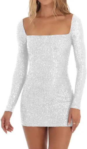 Women Sexy Long Sleeve Sparkly Sequin Bodycon Mini Dress Square Neck See Through Backless Self Tie Up Short Dress