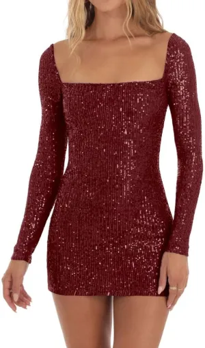 Women Sexy Long Sleeve Sparkly Sequin Bodycon Mini Dress Square Neck See Through Backless Self Tie Up Short Dress