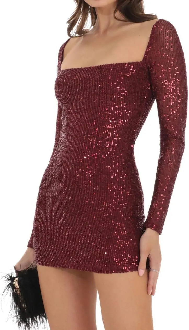 Women Sexy Long Sleeve Sparkly Sequin Bodycon Mini Dress Square Neck See Through Backless Self Tie Up Short Dress