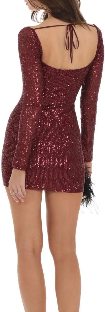 Women Sexy Long Sleeve Sparkly Sequin Bodycon Mini Dress Square Neck See Through Backless Self Tie Up Short Dress