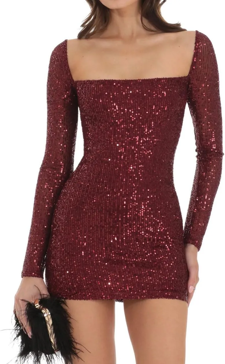 Women Sexy Long Sleeve Sparkly Sequin Bodycon Mini Dress Square Neck See Through Backless Self Tie Up Short Dress