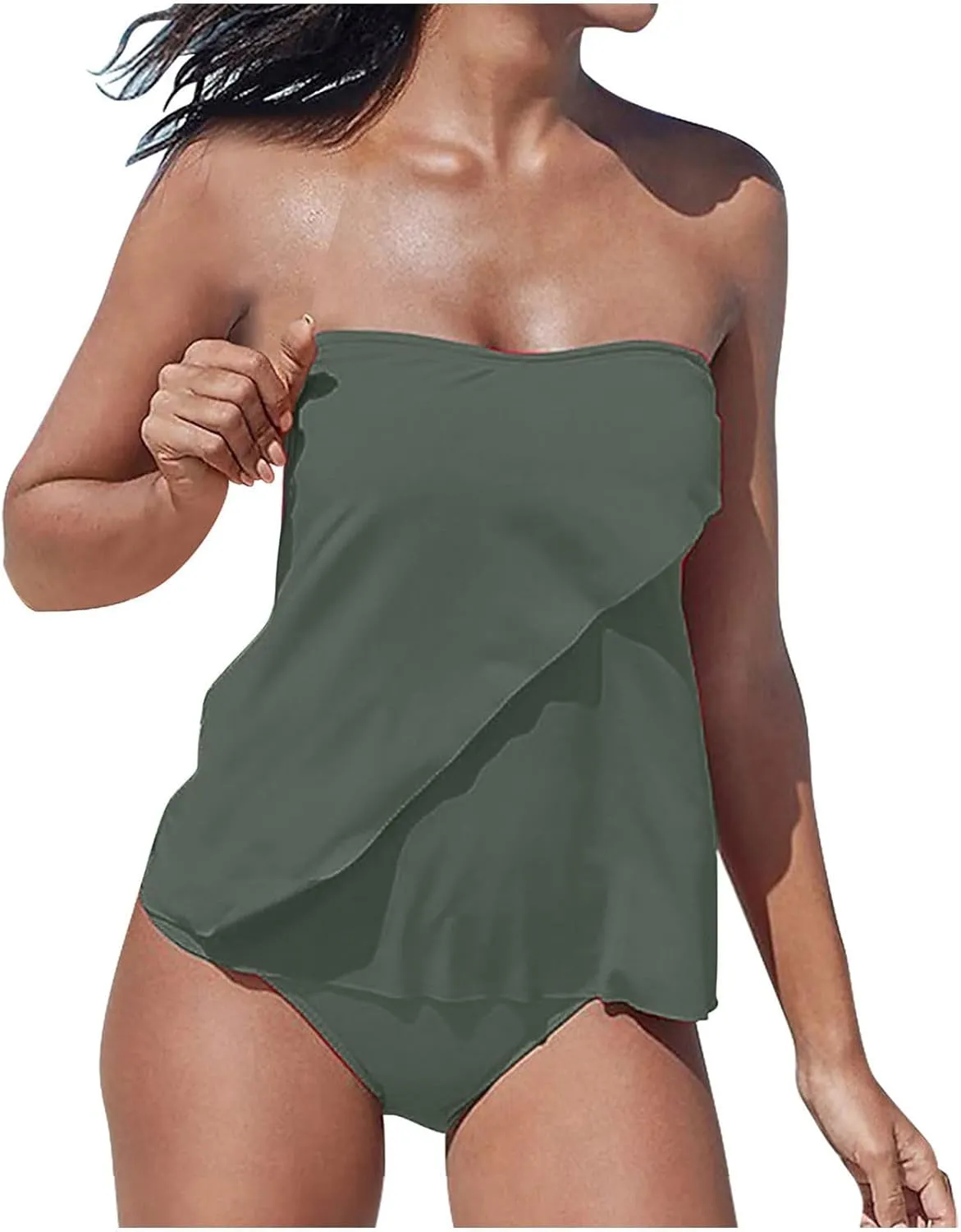 Women Tube Top Strapless Tankini Swimsuit Tiered Solid Color Swimwear Tummy Control Wrap Bathing Suits