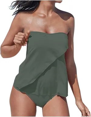 Women Tube Top Strapless Tankini Swimsuit Tiered Solid Color Swimwear Tummy Control Wrap Bathing Suits