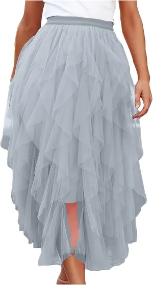 Women Tulle Midi Skirts High Waisted Fairy Party Skirt Puffy Ruffle Dress Asymmetrical Layered Hem Clothes
