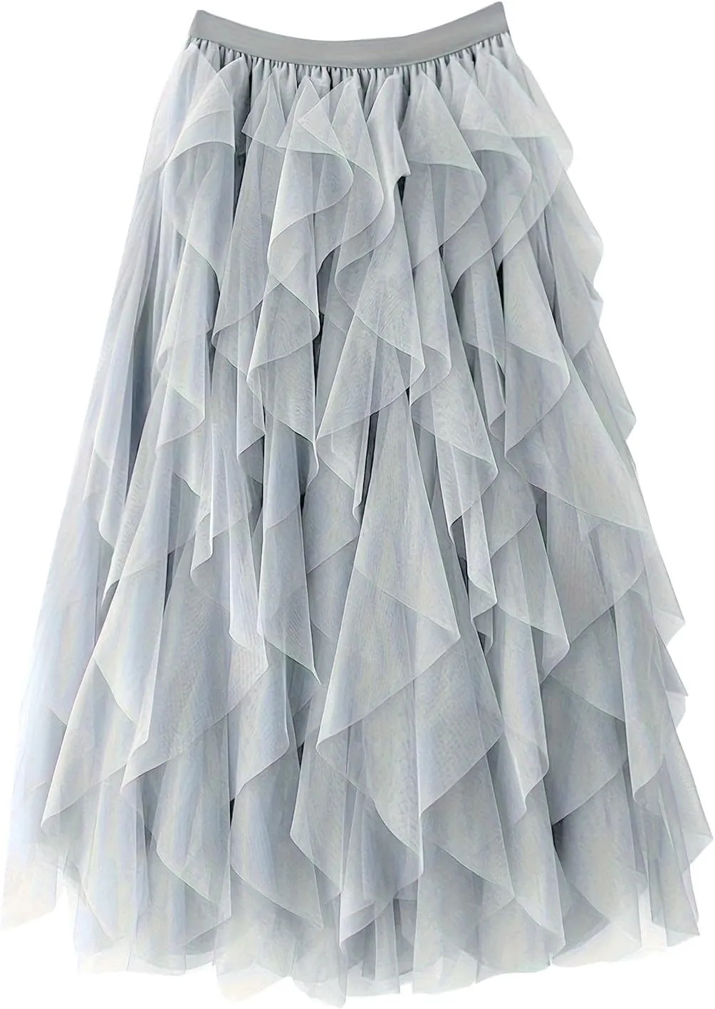 Women Tulle Midi Skirts High Waisted Fairy Party Skirt Puffy Ruffle Dress Asymmetrical Layered Hem Clothes