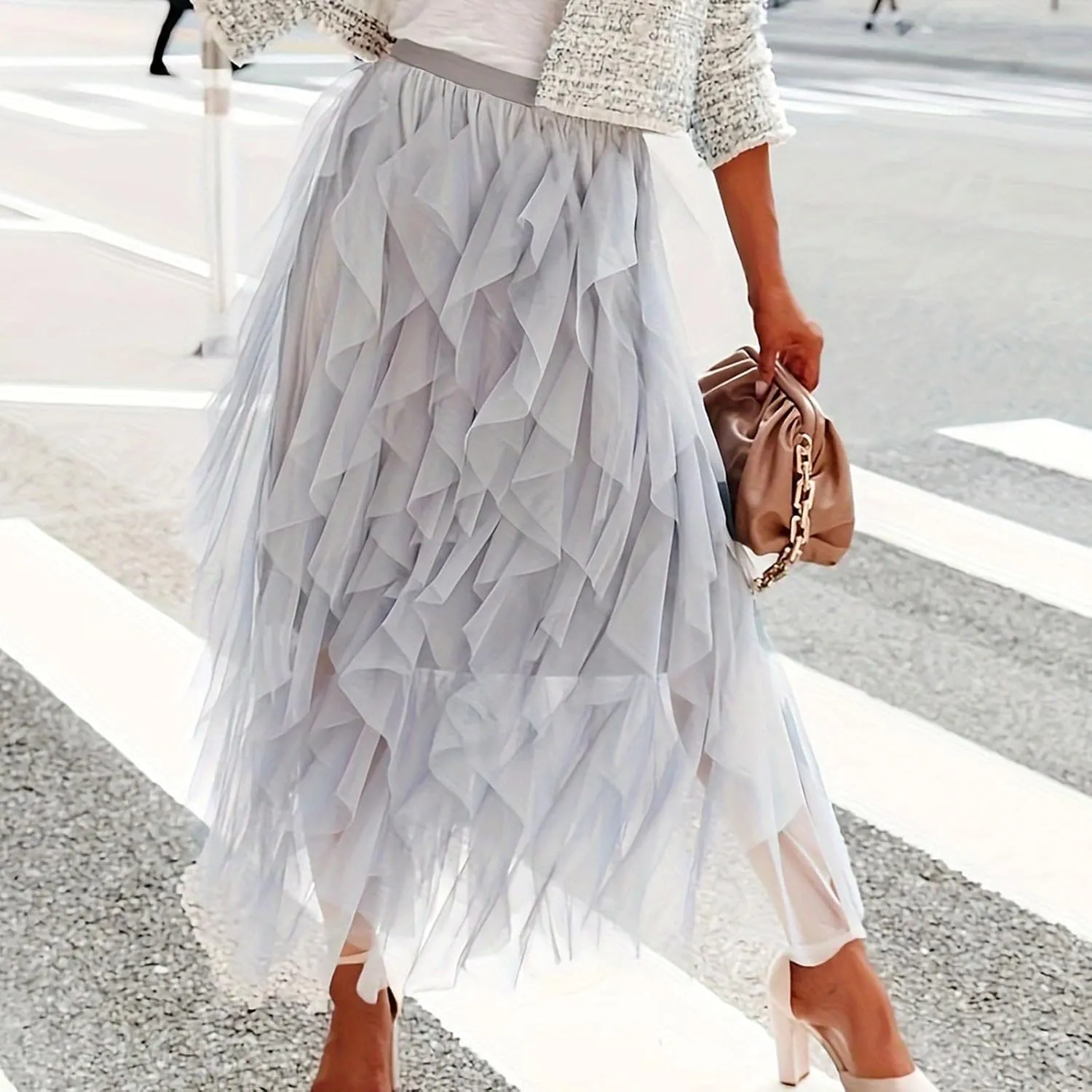 Women Tulle Midi Skirts High Waisted Fairy Party Skirt Puffy Ruffle Dress Asymmetrical Layered Hem Clothes
