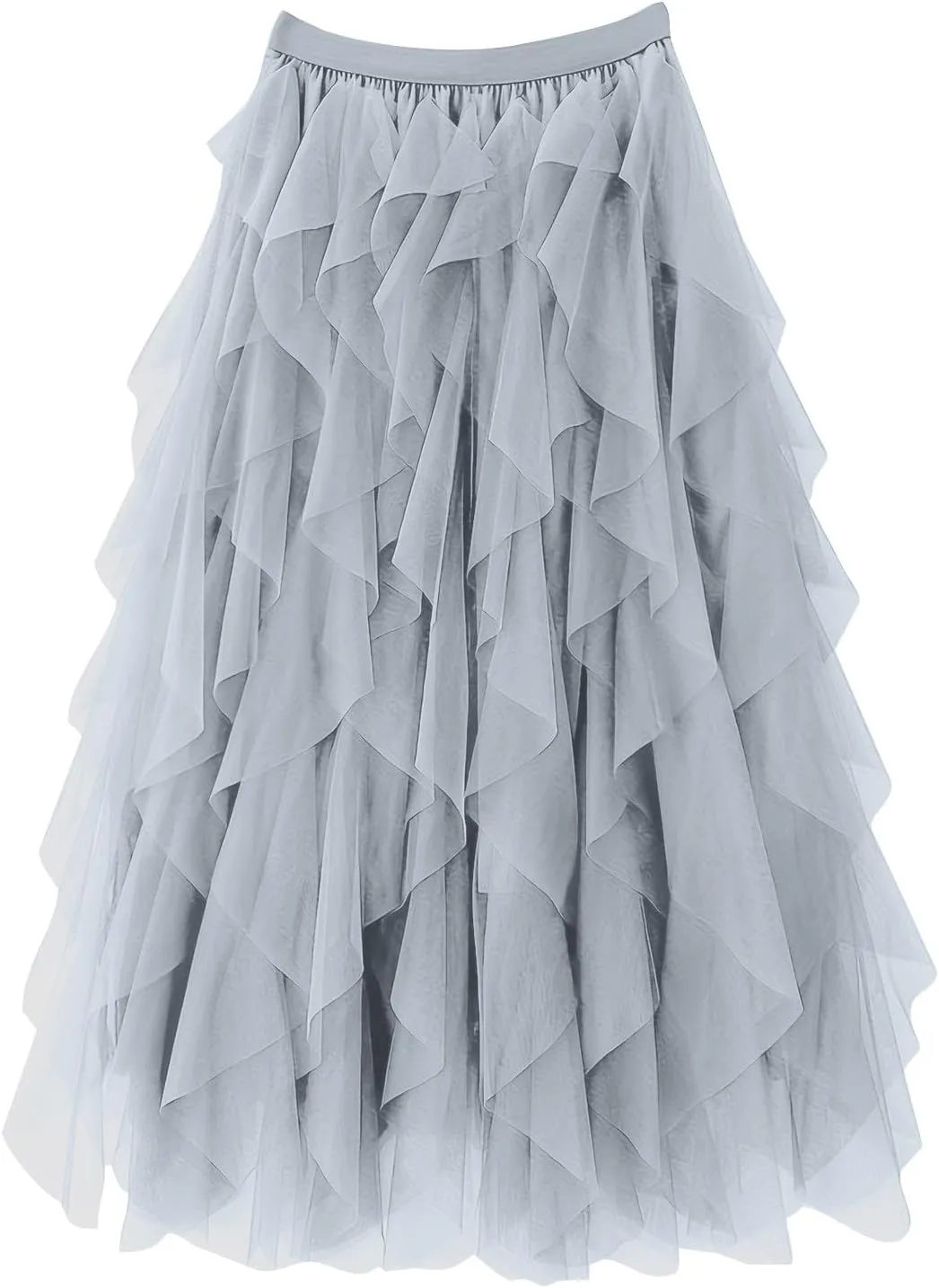 Women Tulle Midi Skirts High Waisted Fairy Party Skirt Puffy Ruffle Dress Asymmetrical Layered Hem Clothes