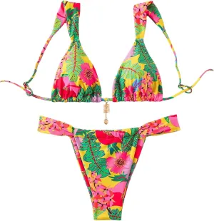 Women's 2 Piece Leopard Floral Bathing Suit Wireless Triangle Swimsuit High Waisted Bikini Sets