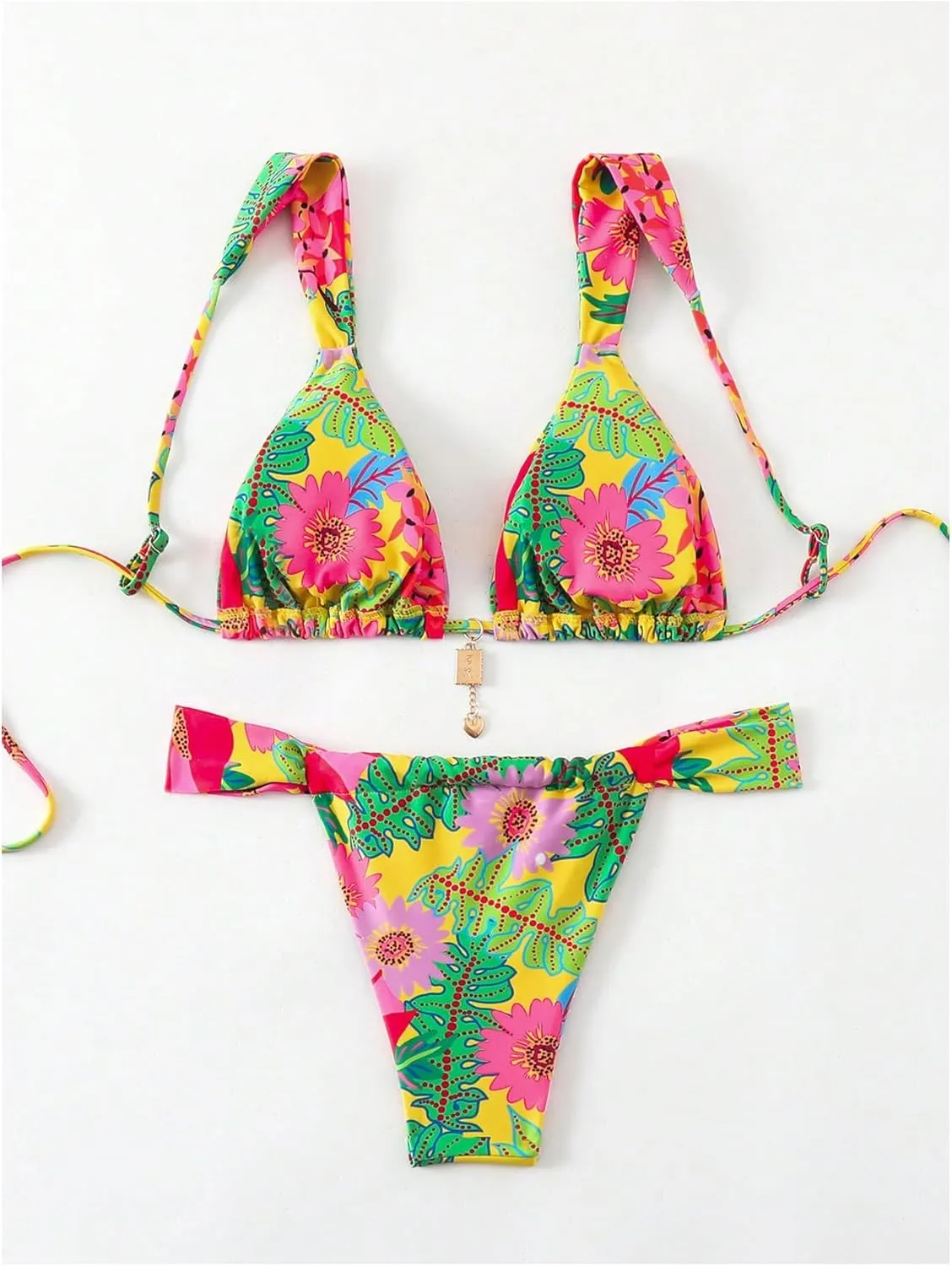 Women's 2 Piece Leopard Floral Bathing Suit Wireless Triangle Swimsuit High Waisted Bikini Sets